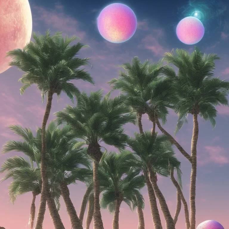 1980's aesthetic vaporwave palm trees with spheres and ufo