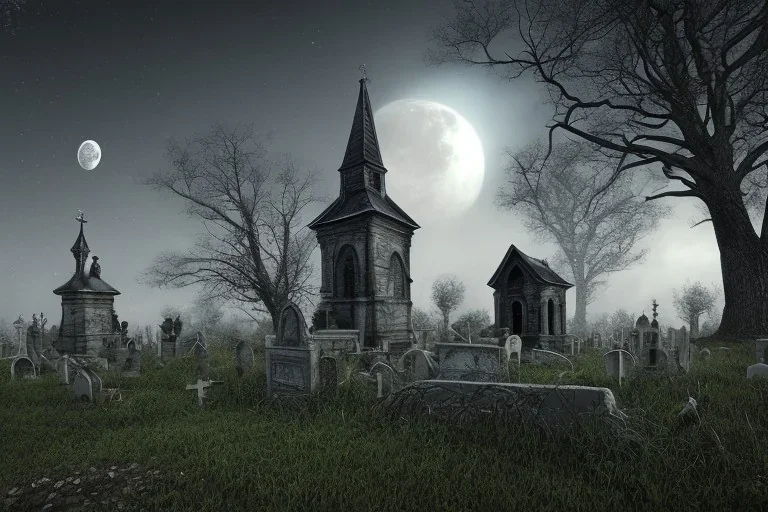 small church, graveyard, one moon, dead tree