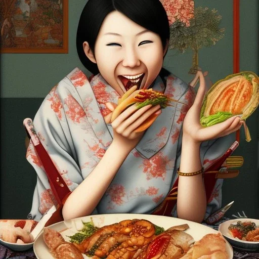 A happy japanese girl eating a meal with her lover who is having an erection