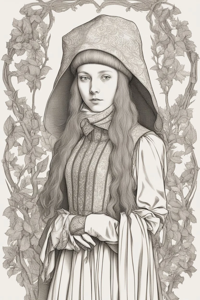 Portrait of a young woman in winter clothes in the style of jan van eyck on a white background