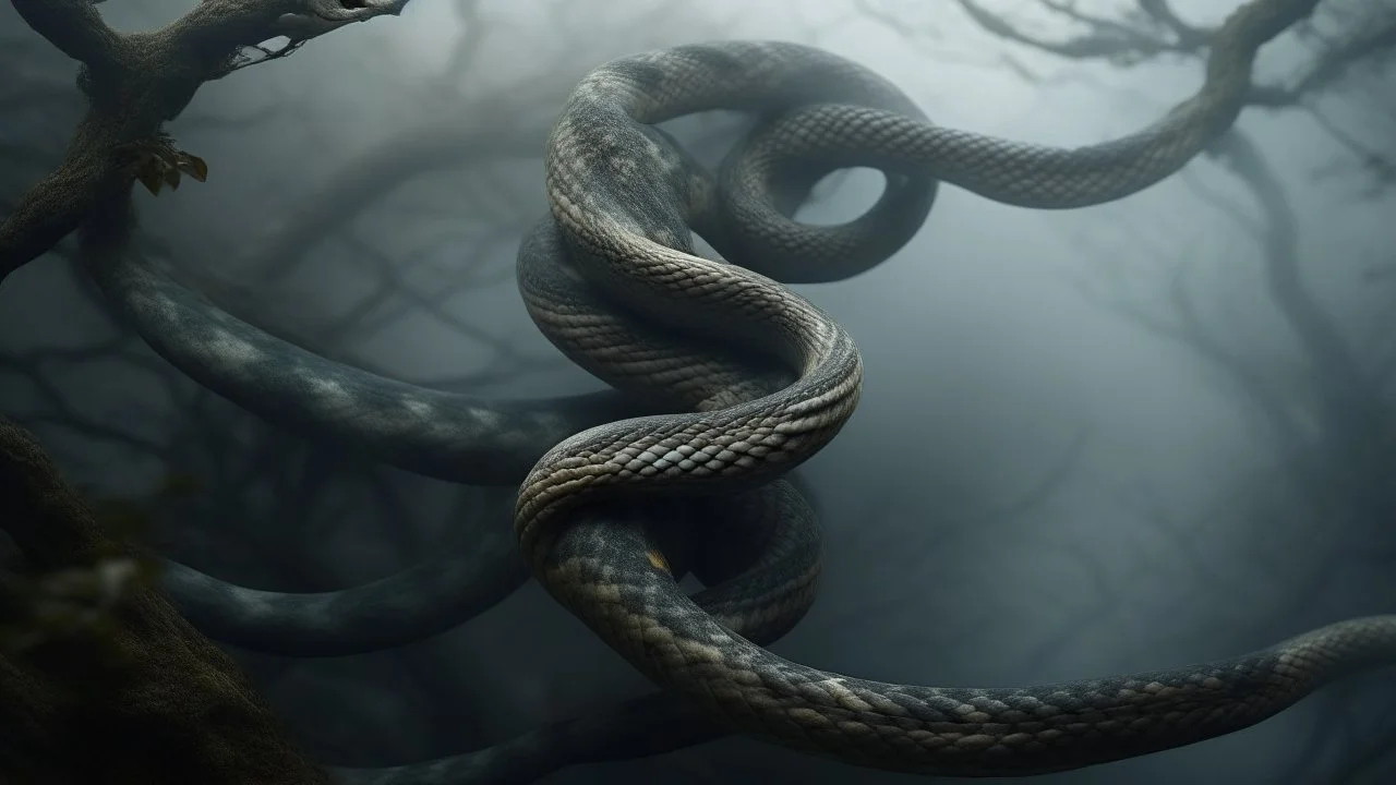 Multiple entanglements, in the form of a snake between a twisted thin piece of cloth as part of many twisted branches disappearing into the distant mist, epic photo, sharp on many details and high contrast, photorealistic, 4K, 3D, realism, hyperrealism, detail, good lighting, detailed texture, modern photography style, 3D, 4D, 4K --2:3