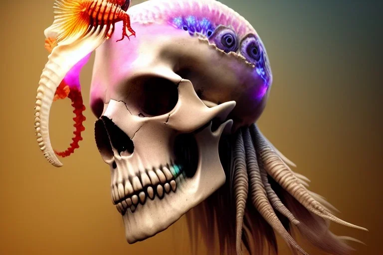 goddess close-up portrait skull with mohawk, ram skull, skeleton, thorax, x-ray, backbone, jellyfish phoenix head, nautilus, orchid, skull, betta fish, bioluminiscent creatures, intricate artwork by Tooth Wu and wlop and beeple. octane render, trending on artstation, greg rutkowski very coherent symmetrical artwork. cinematic, hyper realism, high detail, octane render, 8k