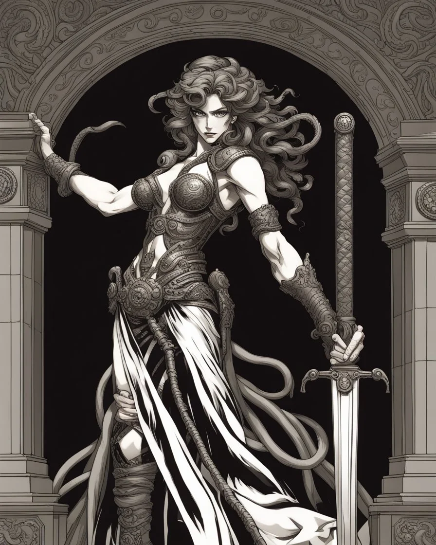 full-length, detailed persona, sword in hand, gorgon medusa, from the back, half turn