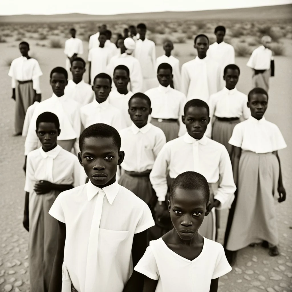 In the style of William Klein, extremely thin and malnourished black African people wearing white collar dress in an arid desert landscape, color photography captured in the style of dslr camera. --ar 62:85 --v 6. 0