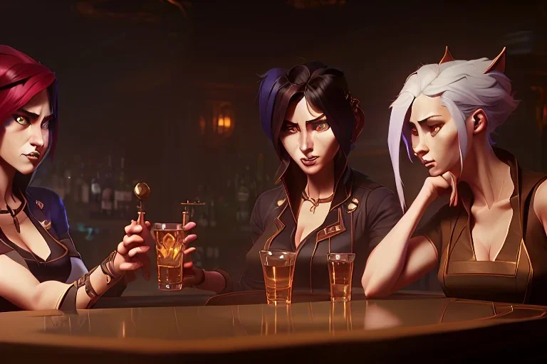 Two beautiful female cats in a bar, high-quality, fine-detail, intricate, digital art, detailed matte, volumetric lighting, dynamic lighting, 3D octane render, Marc Adamus, Ann Prochilo, Romain Veillon,