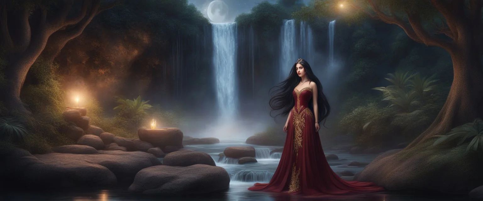 Hyper Realistic Beautiful Princess With Beautiful Long Black Hair, Wearing Her Royal Maroon Gown With Golden Embroidery Standing With A Tree In A Jungle Riverside With Beautiful Waterfall From Mountain With Full Moon Night And A Shooting Star Along With Fireflies Around Her Showing Dramatic And Cinematic Ambiance.