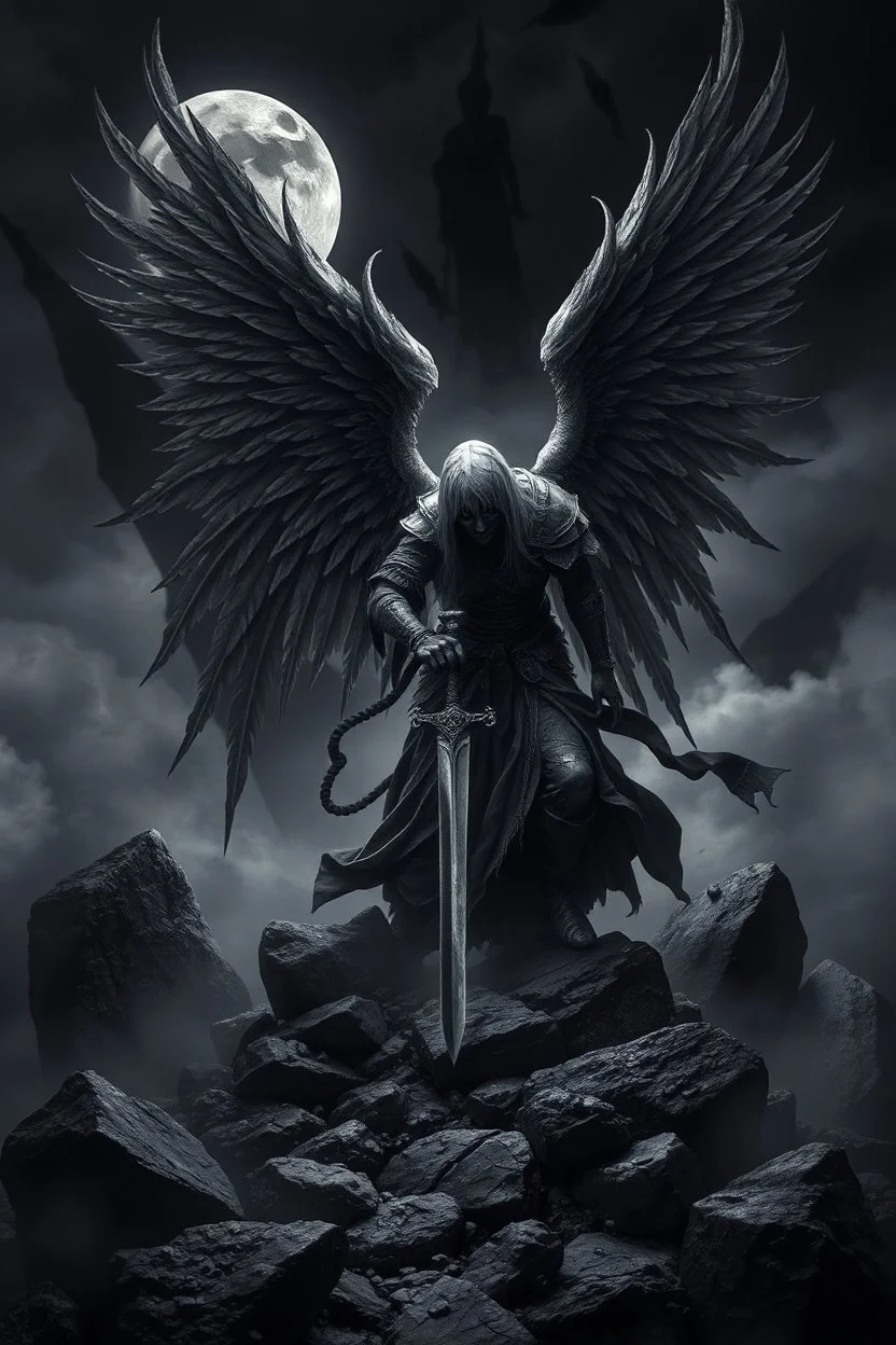 surreal dreamlike scene, stunning warrior fallen angel with sword, mystic gloomy, surreal dark shadows and pale light, stones, rocks, dark vibe, come strom , dark colors, , moon with black darkness, fog, detailed, spalh art, black and white art