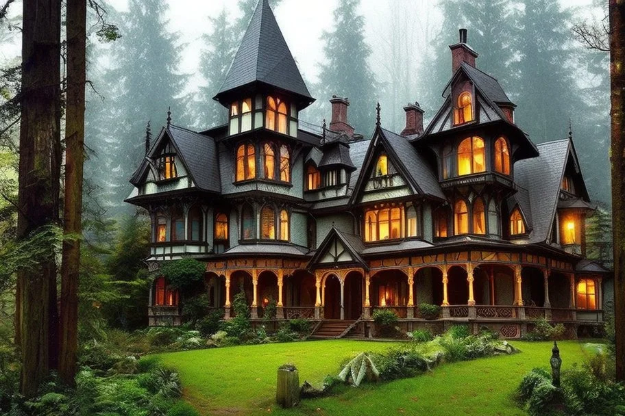 fantasy victorian house surrounded by forest