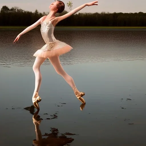 Mechanical ballerina dancing on a lake reflecting the galaxy.