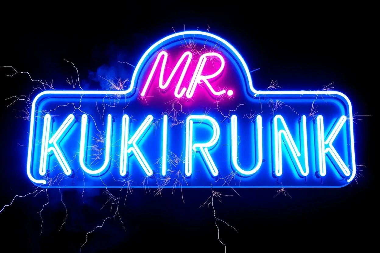 a very big blue whita neon sign that say "MR. KUKRUNK" , black background, flashes and sparks, thunder and lightning