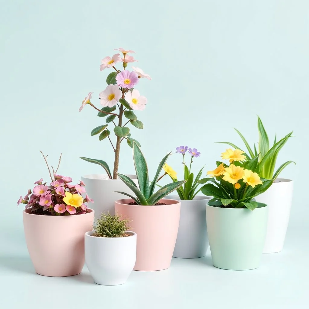 Plants in flowerpots in light pastel colors as well as light blue, pink, purple, yellow and light green! Everything on a light background to remove