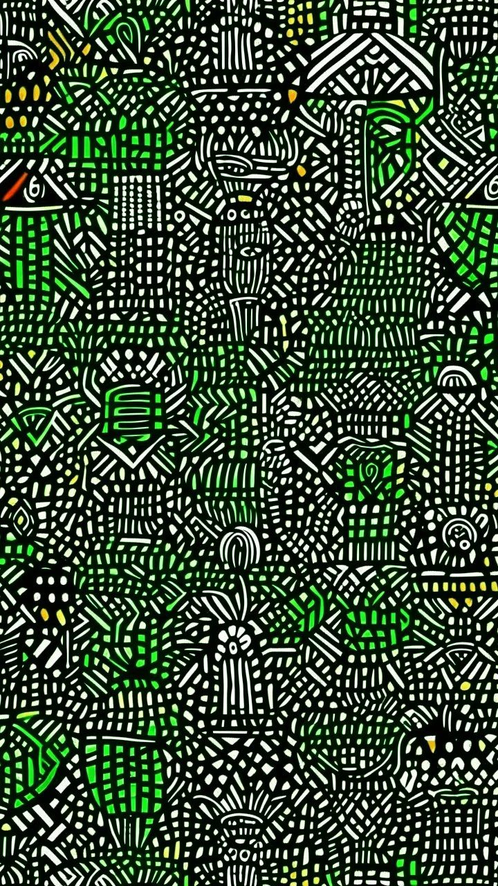 Dark green woods of weirdness designed in Navajo baskets painted by Keith Haring