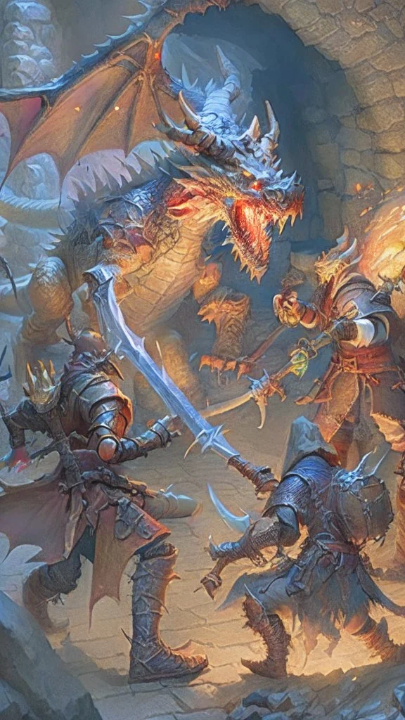 detailed rpg group fighting a dragon