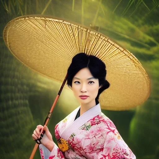 portrait of gorgeous, stunning asian woman with bamboo umbrella, cherry blossoms, kimono, realistic, photo illustrative, ornate, 8K resolution, high-quality, fine-detail, digital art, detailed matte, brian froud, howard lyon, selina french, anna dittmann, annie stokes, lisa parker, greg rutowski, alphonse mucha