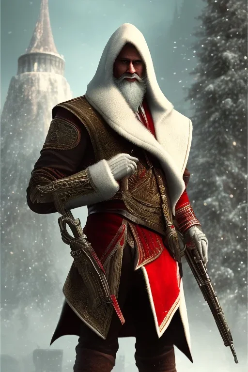 Santa Cruz with long Beard in red assassin Creed clothes, high details, cool 1800 city background,