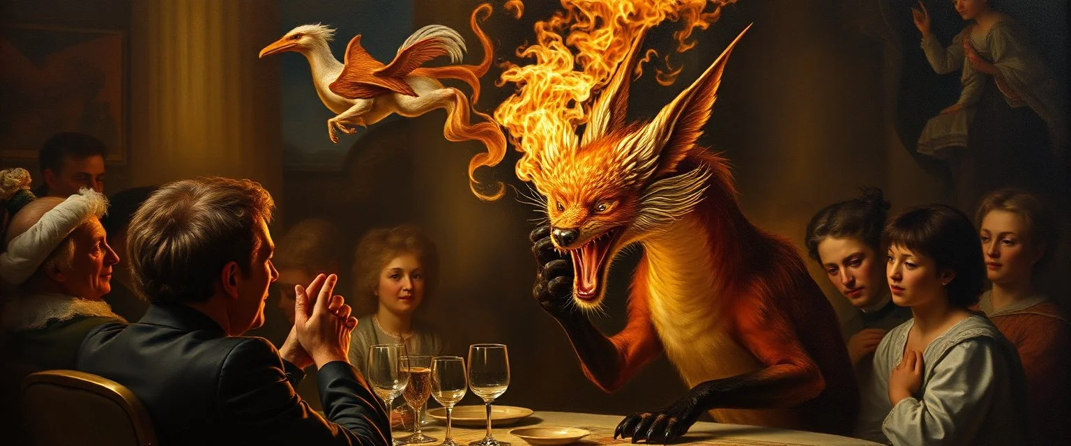 portrait painted by Rembrandt, stupid looking fire breathing dragon fox at banquet