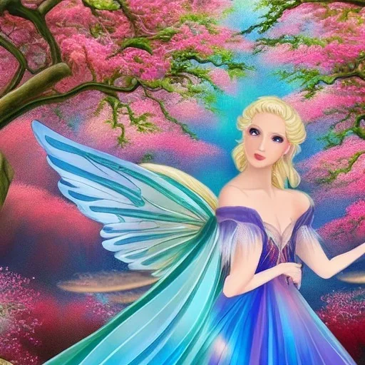 jolie féé blonde avec des ailes irisés et une robe de princesse entourée de cerisiers du japon et de cascade d'eau transparente et bleuté