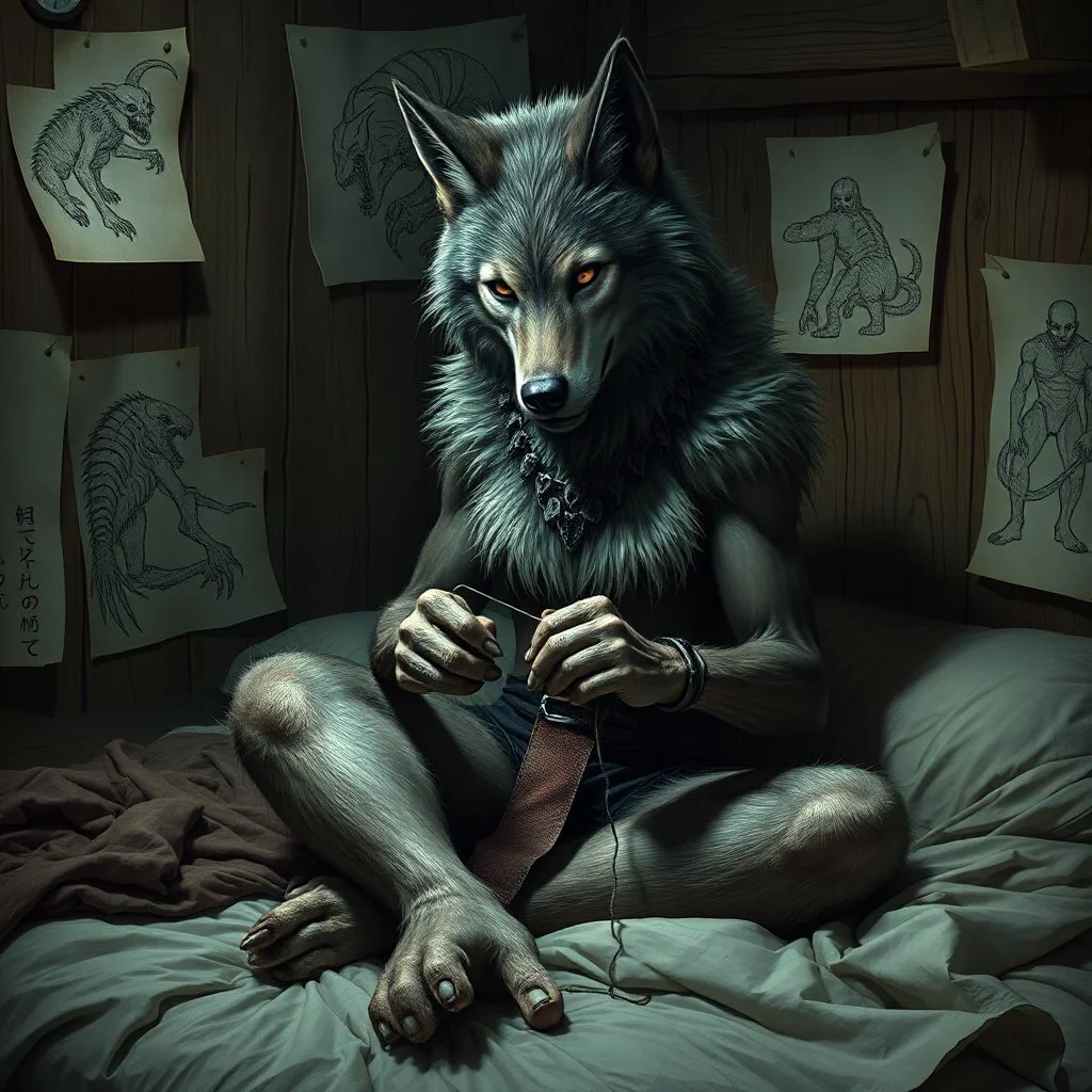 with wolf furry on her full body an anthropomorphic wolf woman hybrid sitting in the middle of a bed with a sewing needle and thread in her paw sewing a material belt, around her in the background are some paper with sketchy line kind drawings from monster on the walls of the wooden house, high realistic, detailed, cinematic, sci-fi, digital art, dark fantasy mood