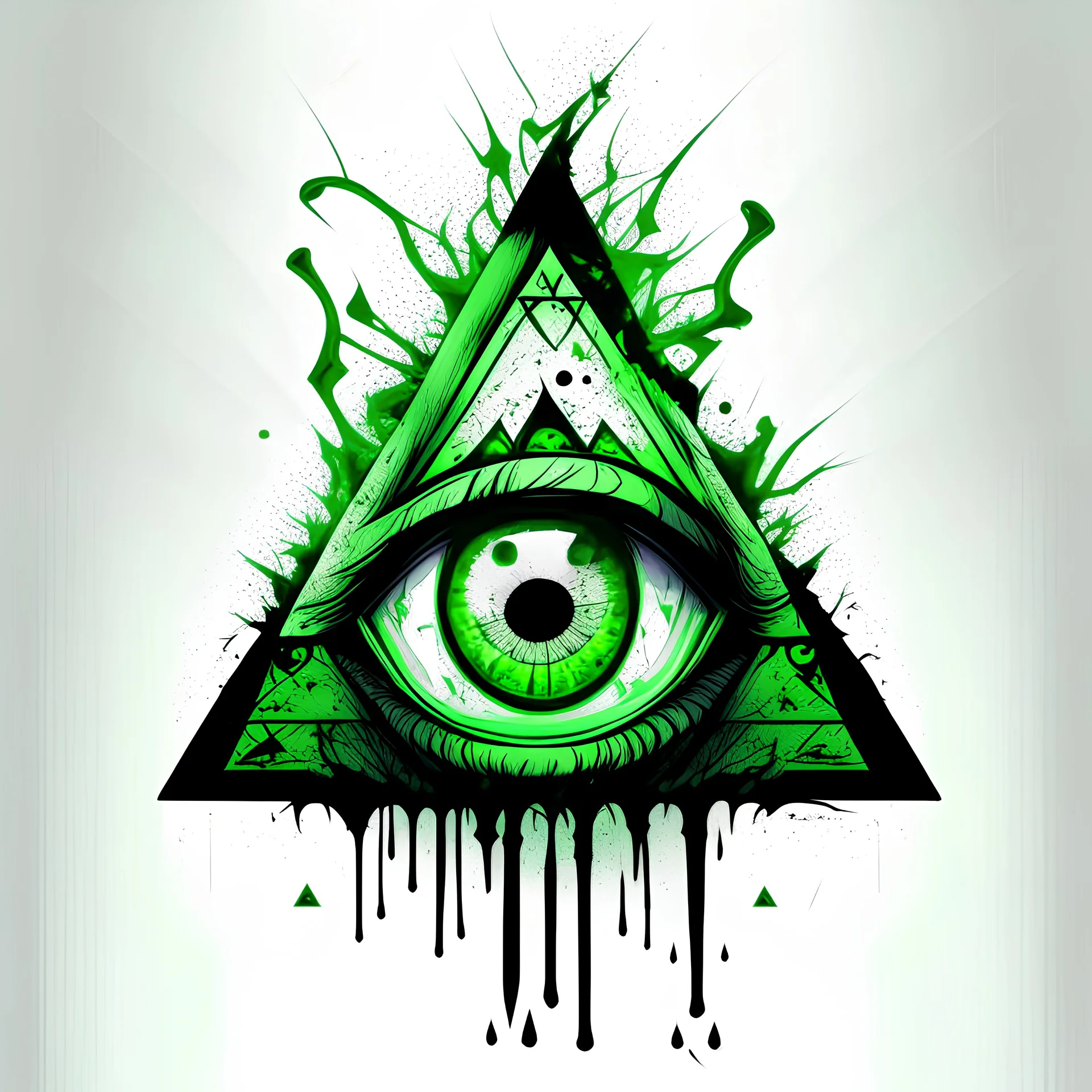 create a vector style illustration of a triangle with a mystical style eye with green zombie touches with a white background
