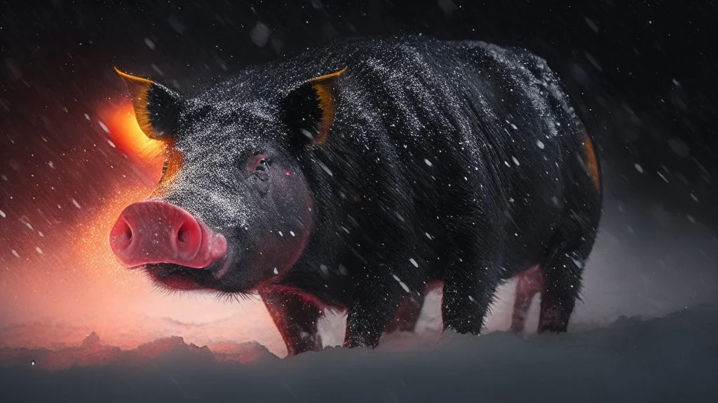 Gorgeous black yellow sabre tooth pig with glowing red eyes in a snow storm at night