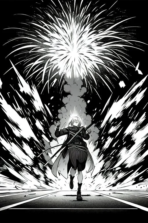 explosion on the streets of Tokyo, greyscale