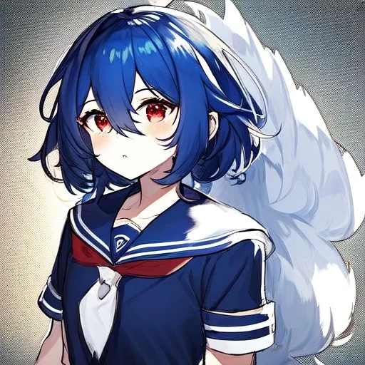 Clear focus, High resolution, rough line sketch art, cute, cartoon, medium blue hair, hair between eyes, fluffy hair, red eyes, wearing a sailor uniform