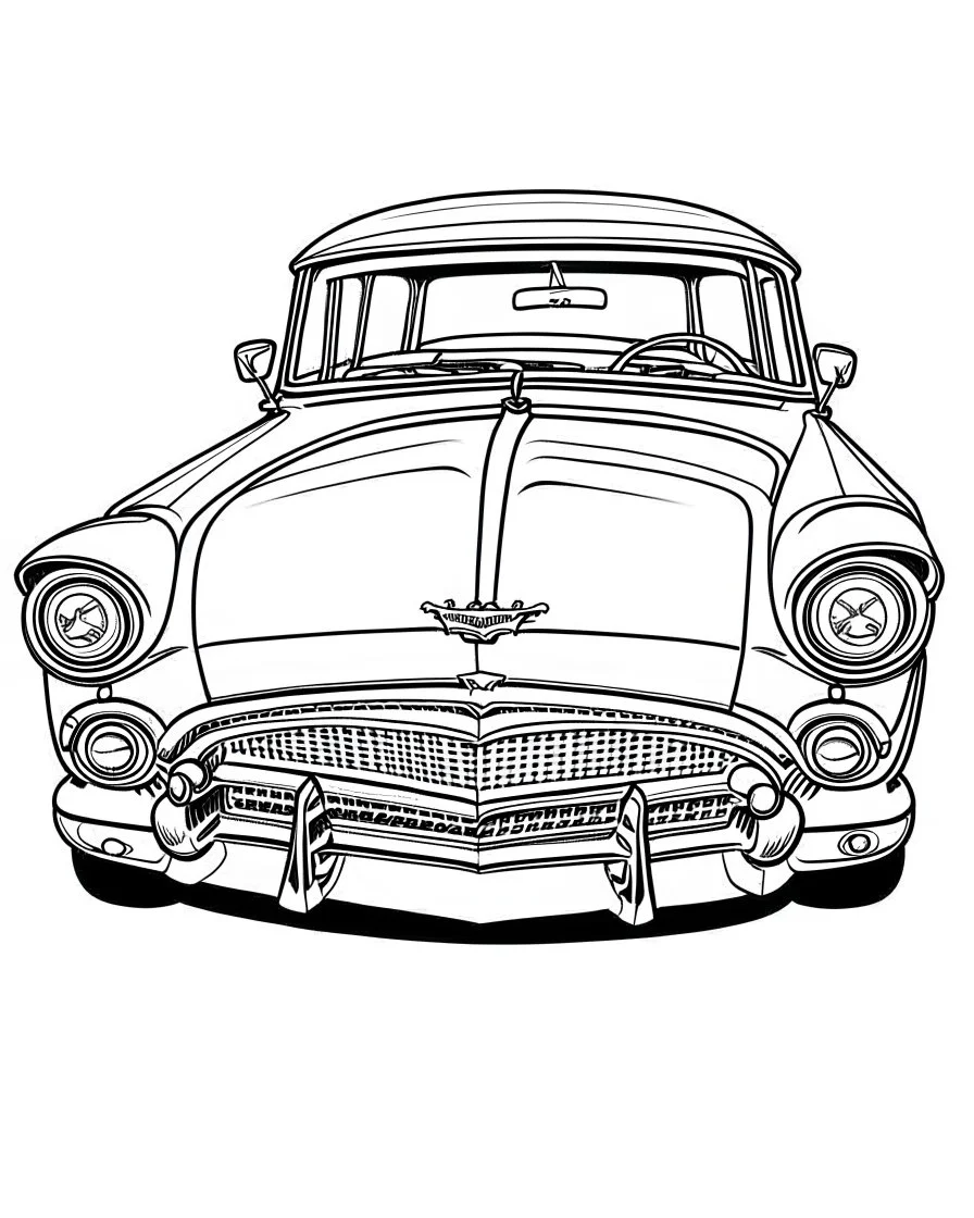 front 1955 Chevy Bel Air Coloring Book, white background, kawaii style cartoon coloring page for kids, cartoon style, clean line art high detailed, no background, white, black, coloring book, sketchbook, realistic sketch, free lines, on paper, character sheet, 8k