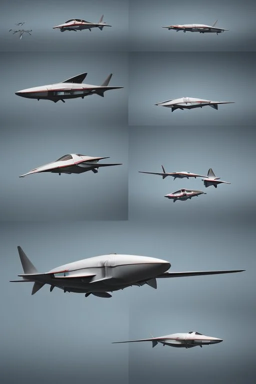 ideation aeroplane airmed inspired by shark with side view, quarter view and front view