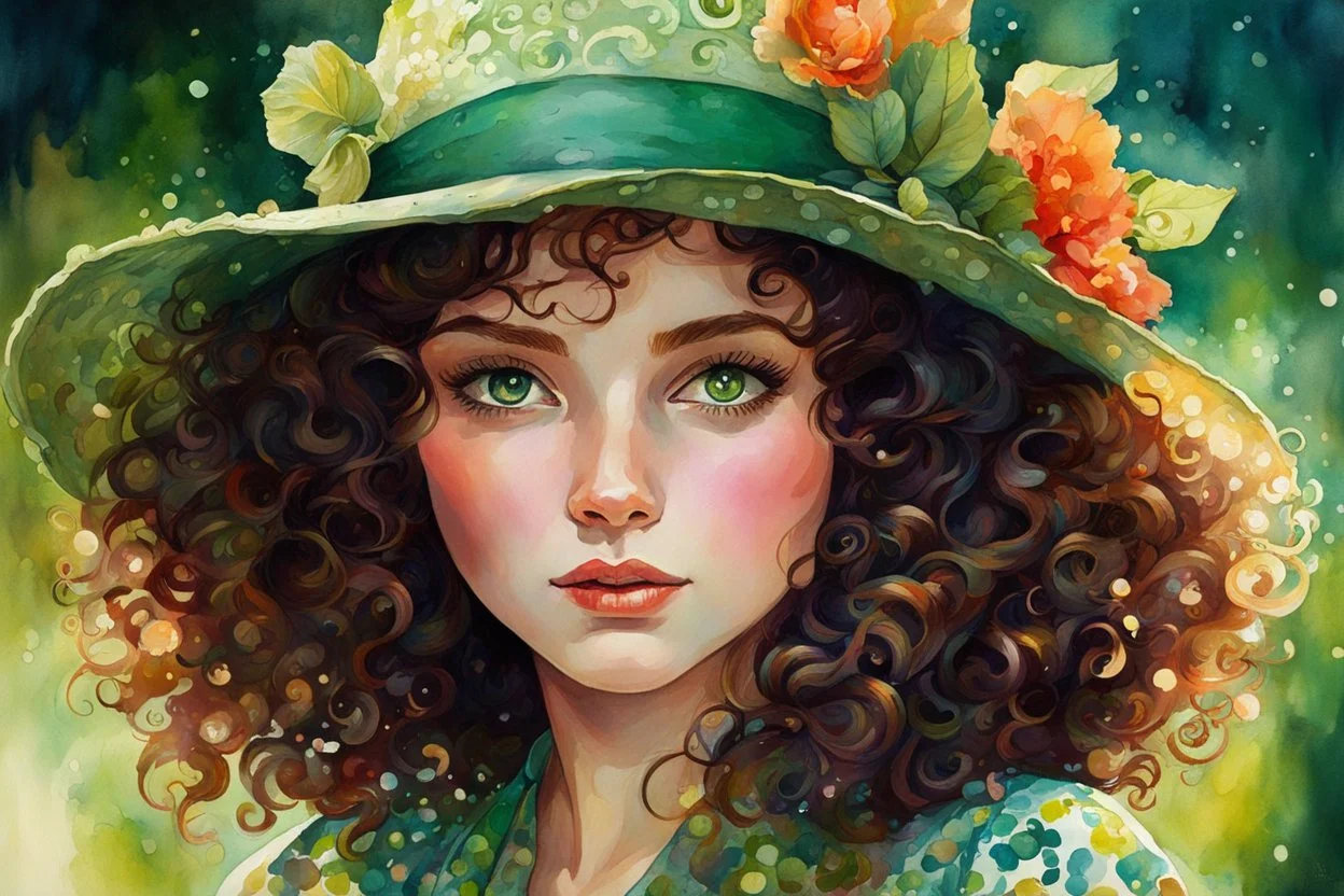 highly detailed, curly brown hair, green eyes, hat,printed dress, vivid colors, watercolor portrait, dramatic light, realistic, by Alyssa Monks, Afarin Sajedi, Brian Kesinger, Thomas Kinkade, Pascal Campion, Craola.