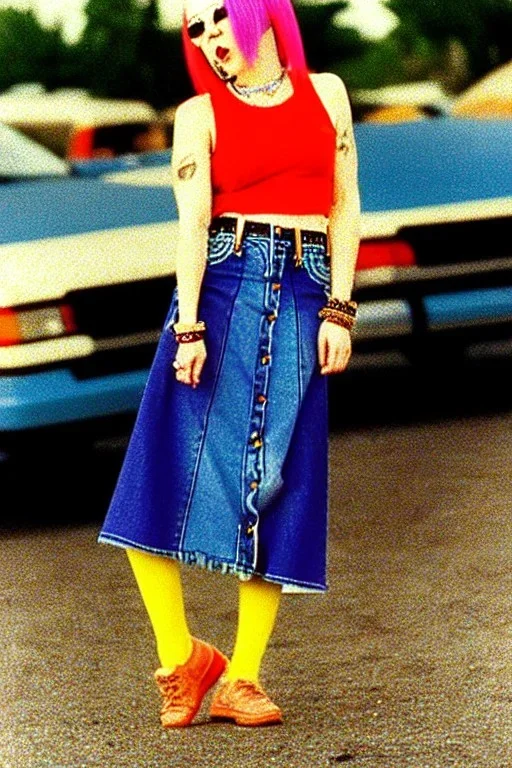 year 1996 denim fashion. Loose skirt, low waist. Colors: denim blue, blue, purple, cream, khaki, light green, lilac, plum, orange, terracotta, red, light yellow, lion yellow, pink, dark blue, beige. Gwen Stephani, Missy Elliot, Shirley Manson.