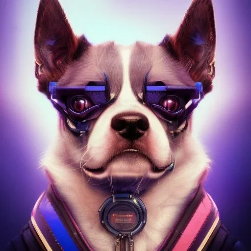 A beautiful portrait of a cute cyberpunk dog by sandra chevrier and, greg rutkowski and wlop, purple blue color scheme, high key lighting, volumetric light, digital art, highly detailed, fine detail, intricate, ornate, complex, octane render, unreal engine, photorealistic