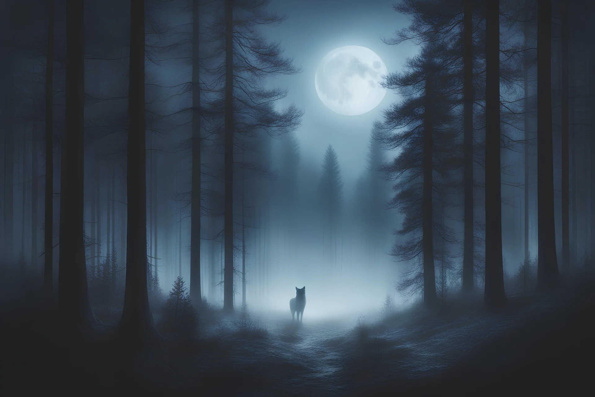 lone wolf, forest clearing at twilight, misty atmosphere, tall pine trees, soft moonlight filtering through trees, shadows, glowing eyes, cold blue tones, detailed fur texture, dramatic lighting, charcoal style cinematic composition, epic scenery