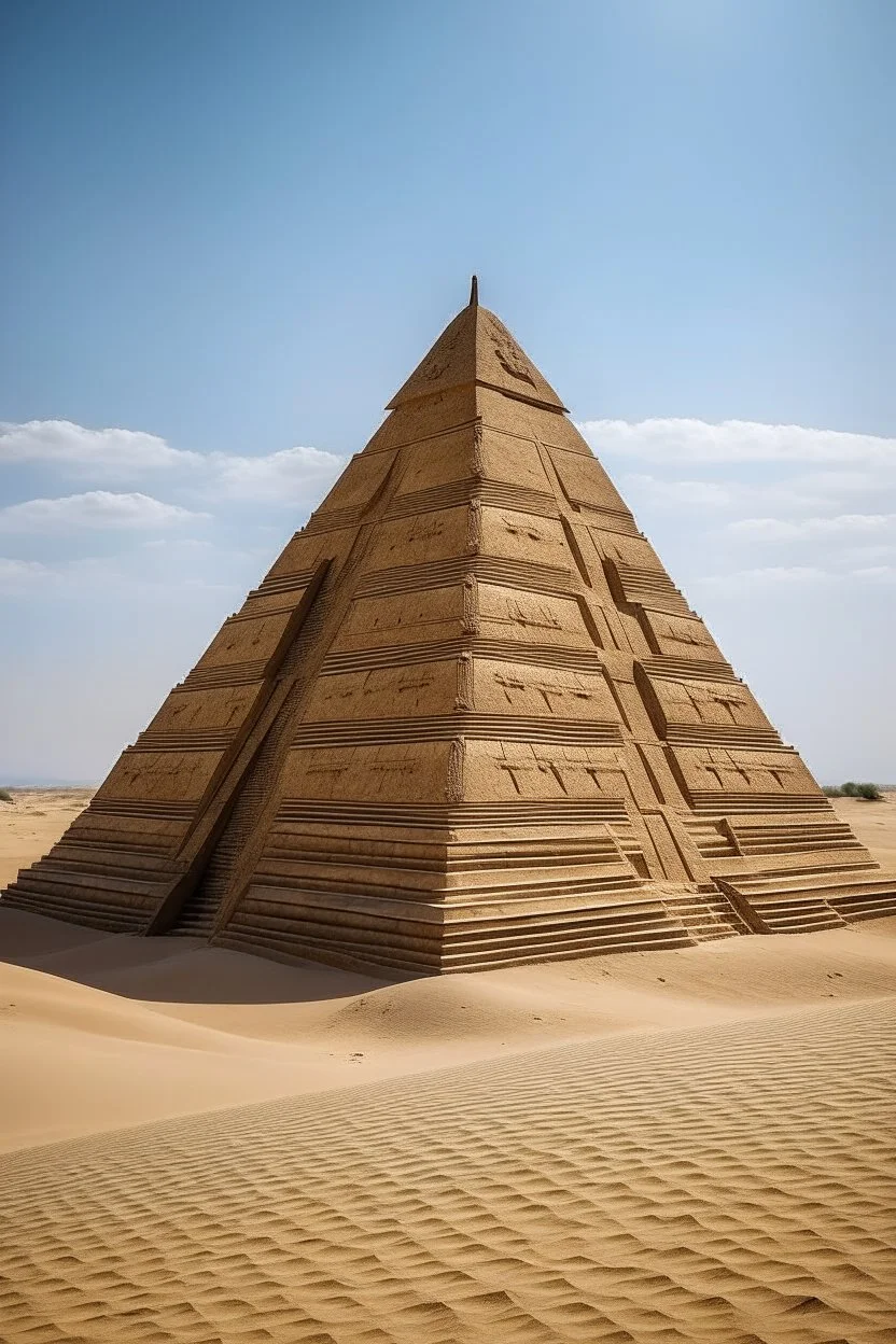 A bronze pyramid in a desert made out of clay painted by Albrecht Durer