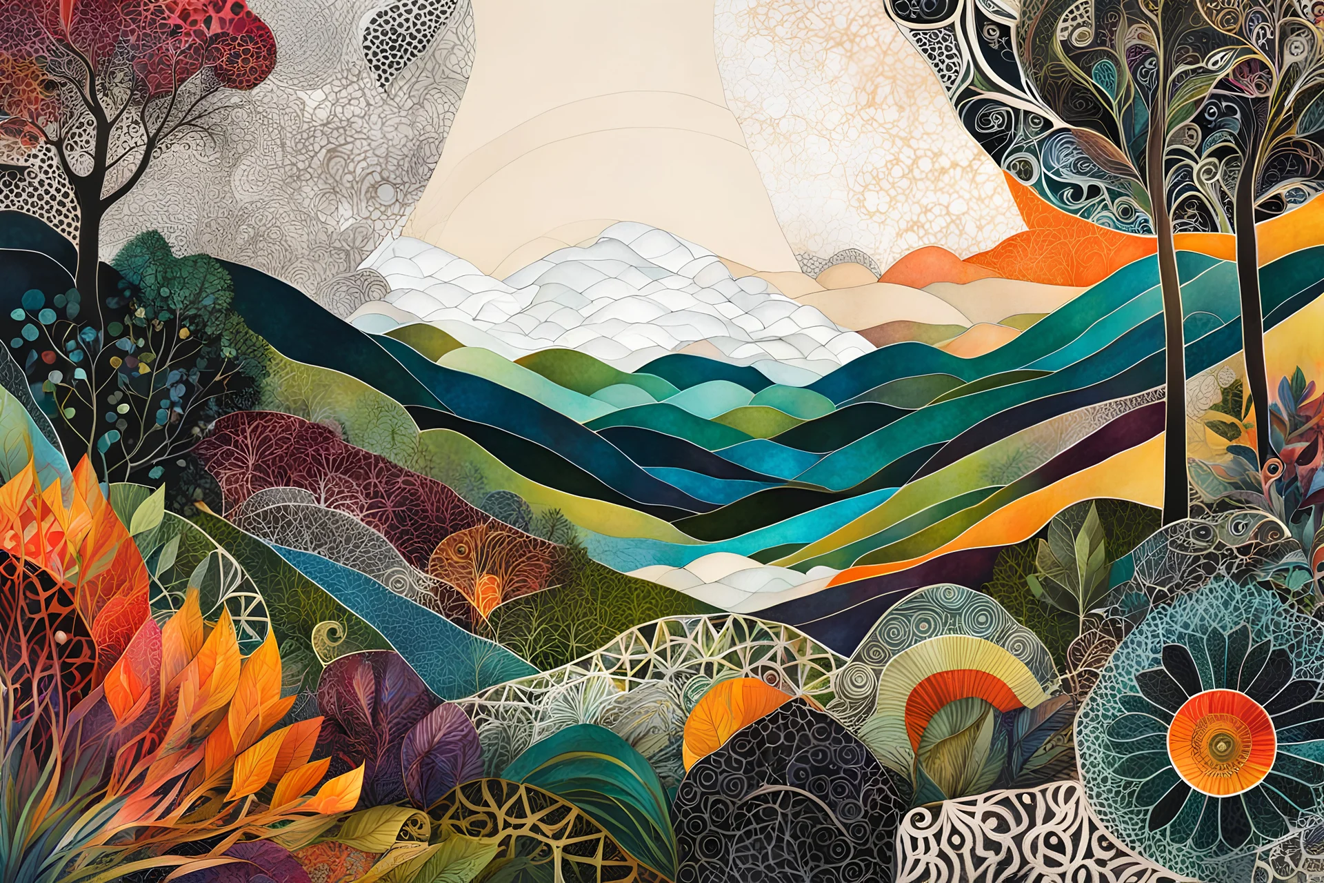 abstract paper collage overlayed with Zentangle patterns that depict the vastly diverse landscape of Nature, highly detailed, vibrant natural color, with fine ink outlining