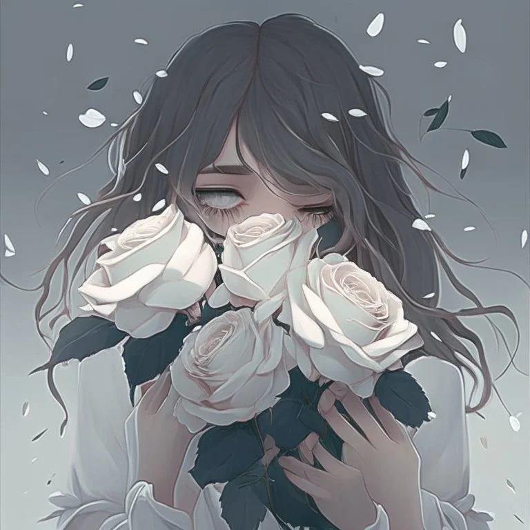 Pictures of a girl with a white background holding white roses covering her face Like from a cartoon movie, digital art, anime, 4k