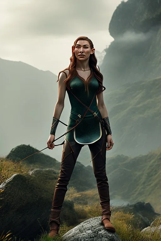 Tauriel standing on a rock, by Cedric Peyravernay, complete full body in frame, delicate traits, symmetric eyes, every part of the body represented in the frame, intricately detailed image, volumetric lighting