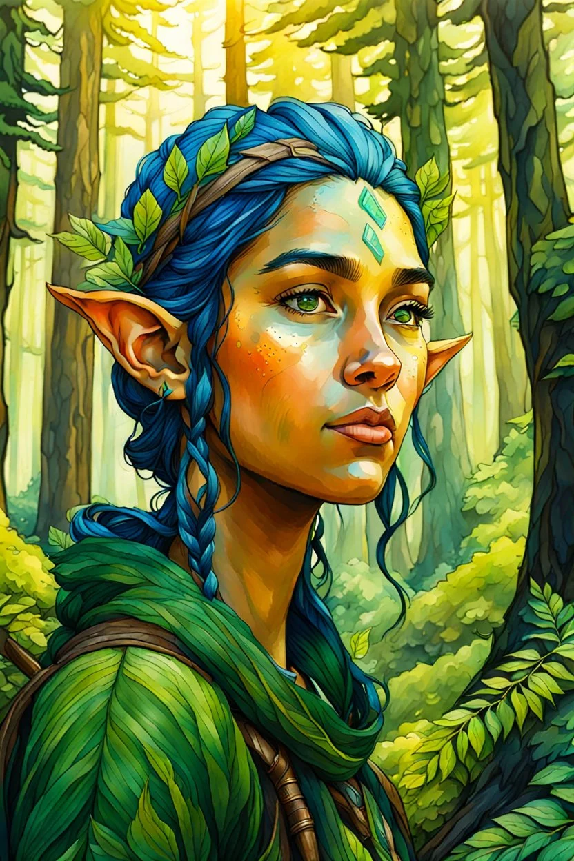 create oil and watercolor portrait of a young, nomadic forest elf female fantasy art character, with highly detailed, sharply lined facial features, in a primeval forest landscape , finely inked, 4k in the style of Maxfield Parrish