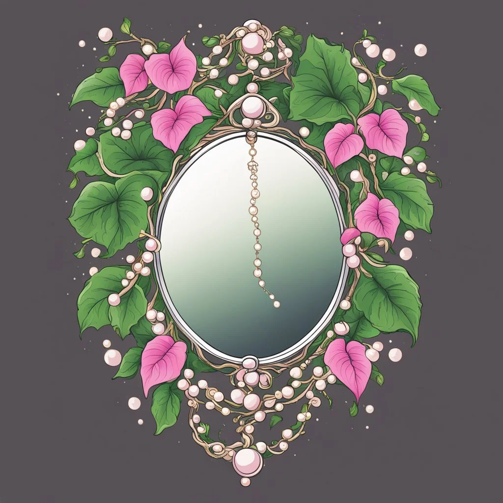 Create an Artwork of a Mirror with ivy branches and pearls necklace, Like a creative Logo for a Varasity Jacket to put a random number uin it, Vector illustration. Colors should be pink and green