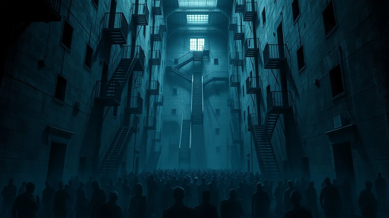 Many Stairs between walls and buildings in bleak prison, underneath many black human silhouette, dark blue and gray colors, cold, grim vibe, high detailed, surreal, dark, cinematic