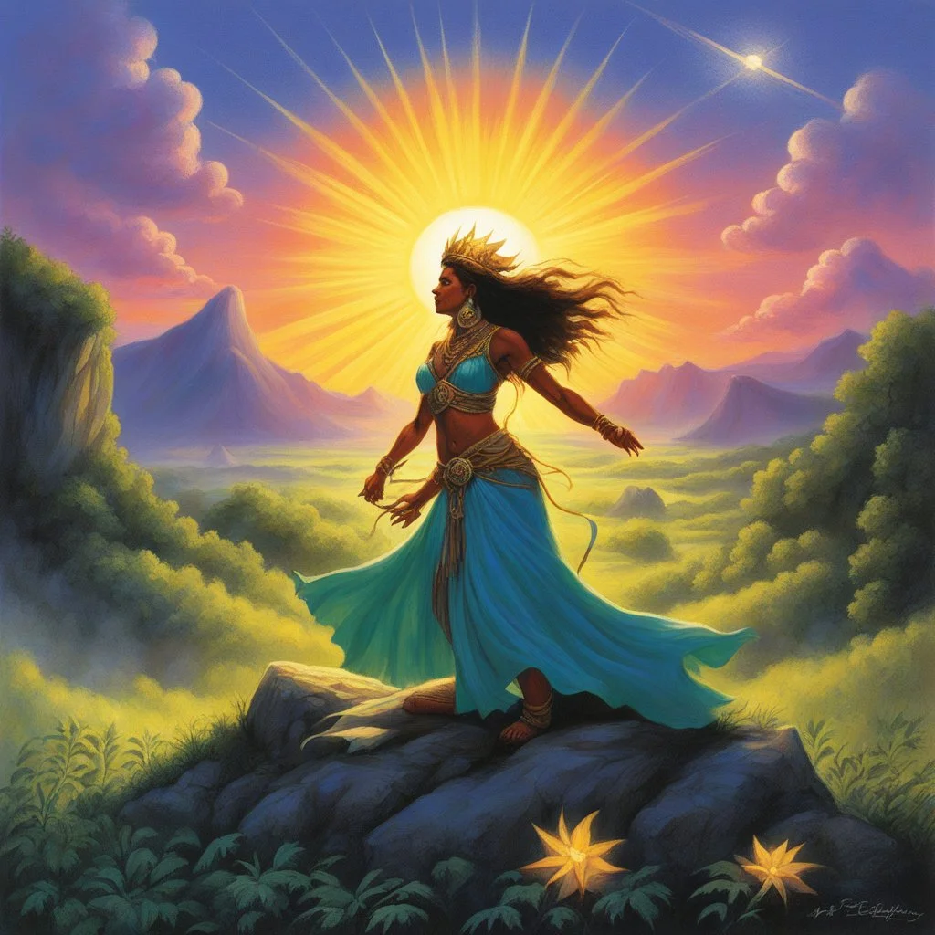 at the top of the hill, tribal summer Solstice dance in solo, illustration by Jeff Easley, nobody else than Lady Nature