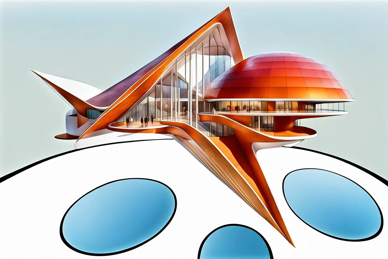 Architectural drawing of a Neofuturistic art museum, (((isometry))), ultra quality, people, treets, forma above