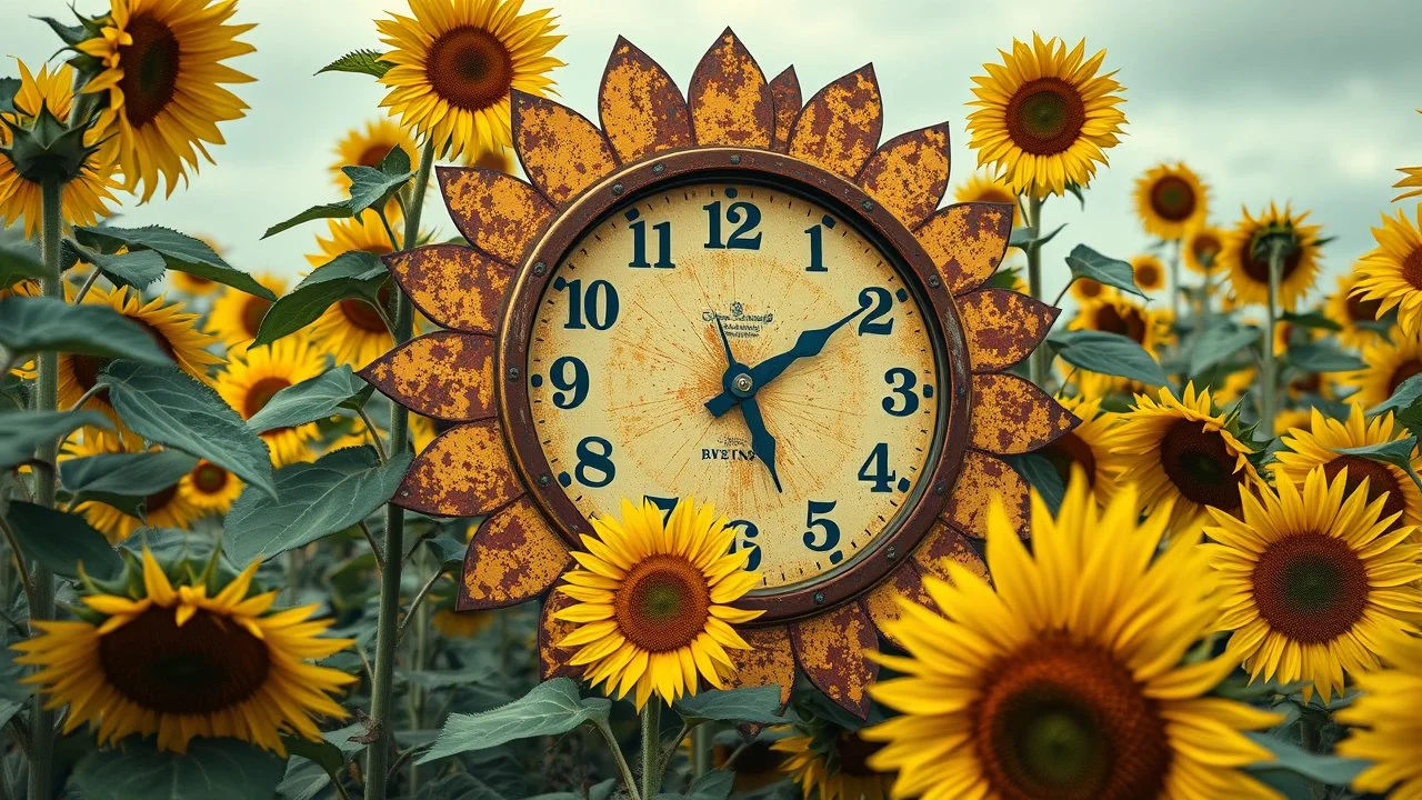 an arafed clock shaped and painted like a sunflower made of rusty metal sheet hiding mingled among sunflowers in a sunflower crop, eerie, mind-bender, unsettling, unnerving, steep dizzying field of vision, extreme drone bottom view, perspective vertigo, absurdity against time, time does not exist anymore, clockpunk with oilpunk, arafed vibe