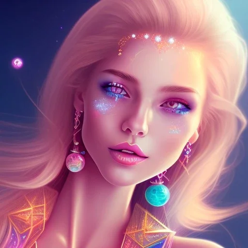 Smiling happy cosmic girl, jewels, realistic long blond hair, blue eyes, pink glossy lips, cinematic lights, HQ, 4k, high details