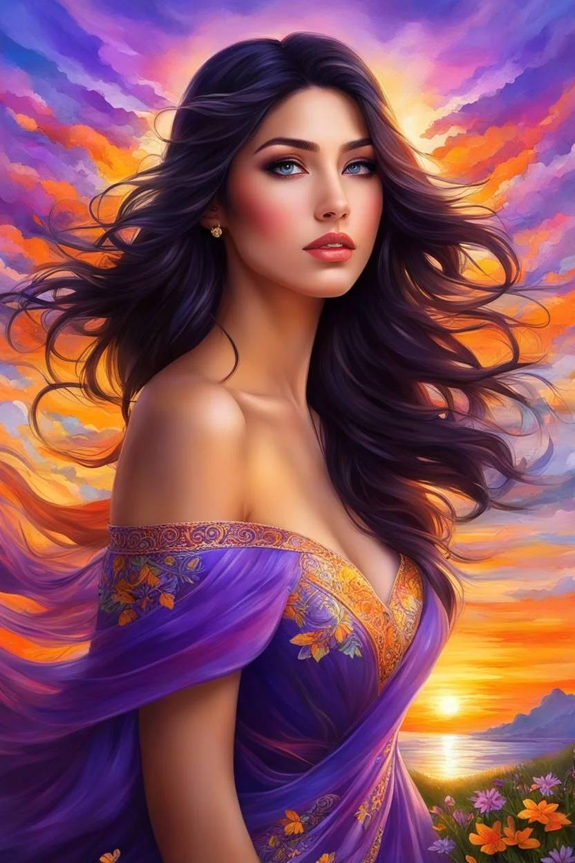 With a cascade of dark hair flowing, Her kind eyes, like gentle winds blowing, She gazes at the sunset's vibrant hue, Orange, purple, yellow, a kaleidoscope view. In the embrace of the spring's gentle spell, Her heart awakens, where beauty does dwell, A world so colorful, ablaze with life's zest, She becomes part of nature's eternal quest.