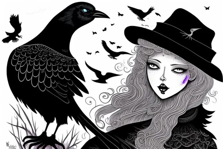 Witch, playing with crows, black cat, perfect iris, ink and pencil, style Elisabeth Kreitz