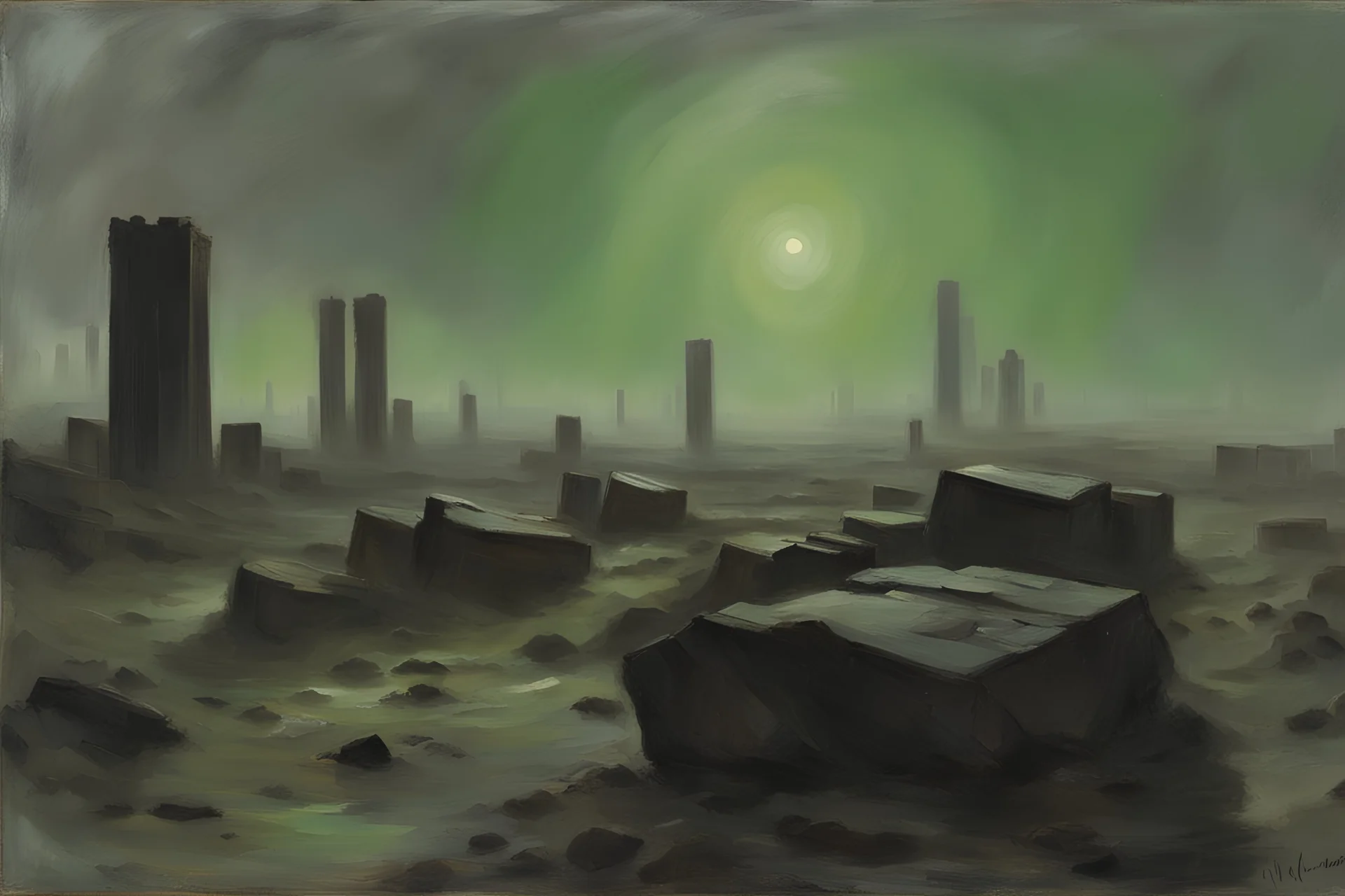 Grey green sky, distant buildings, mist, rocks, sci-fi, cosmic future influence, trascendent, intergalactic influence, ernest welvaert and alfred stevens impressionism paintings