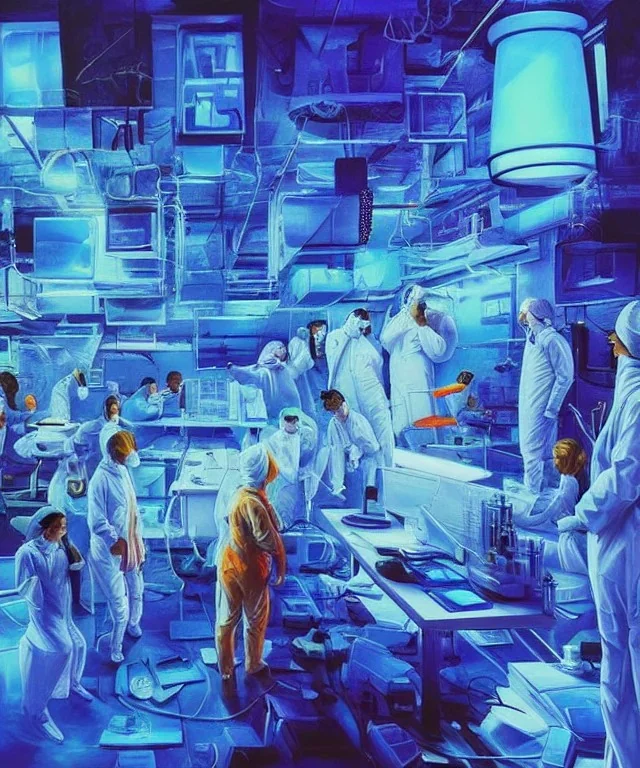 scientists create a new version of photoshop. they are wearing safety goggles and white clothes. lab. blue light from fluorescent lamps. color charts. hyperdetailed cool colors detailed painting acrylic art oil on canvas futuristic post-apocalyptic fantasy --test --creative