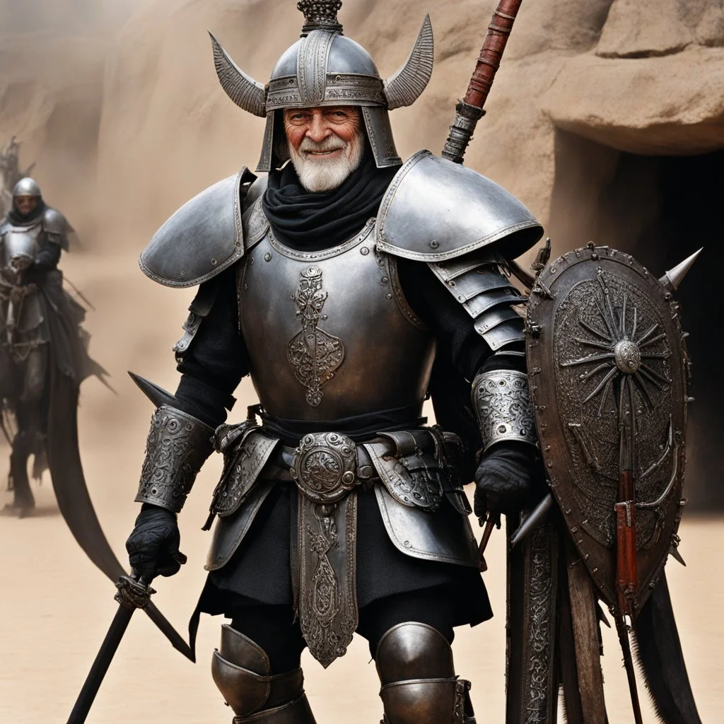 [high res photo by H.R. Giger] elder Don Quixote smiles, ready to fight with his tourney lance, in dust, rust and blood, his body is covered with cartridge belts