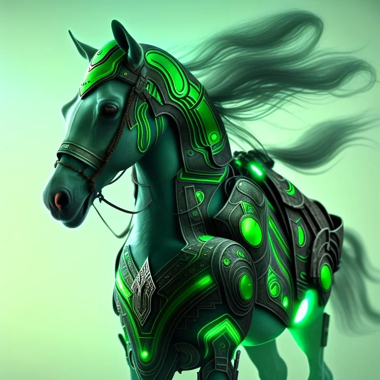 A beautiful portrait of a cyborg horse green color scheme, high key lighting, volumetric light high details psychedelic background