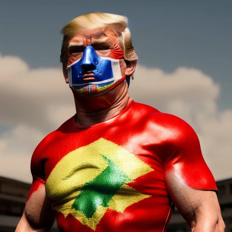 Realistic image of Donald trump wrestler, Mexican wrestling style, Mexican wrestling mask eyes, red and blue breeches, glow us flag dress, suspenders, retro style, 80s, vibrant color, highly detailed, sky background, concept art, unreal engine 5, god rays, ray tracing, RTX, lumen lighting, ultra detail, volumetric lighting, 3d, finely drawn, high definition, high resolution.